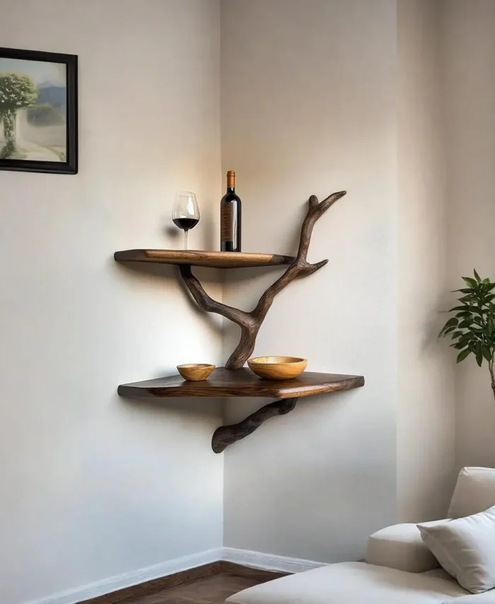 Handcrafted Corner Floating Shelves – Natural Solid Wood