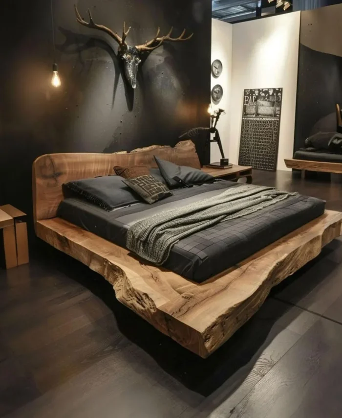 Rustic Wood Bed Frame – Queen/King Platform with Headboard