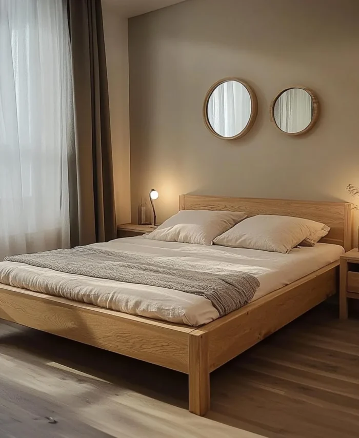 Solid Wood Platform Bed – Rustic Headboard, Queen/King